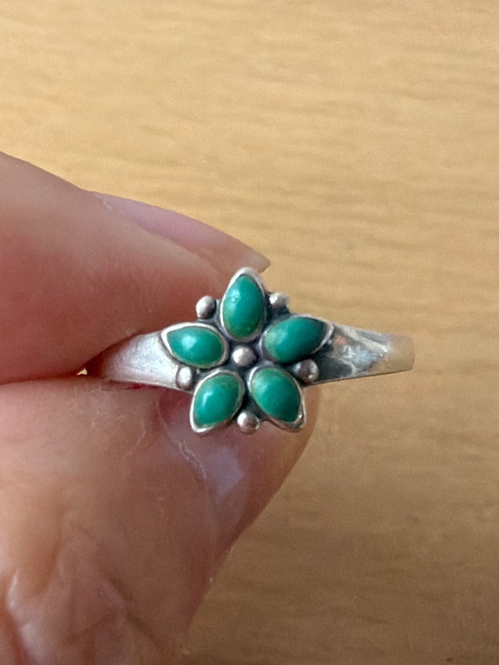 VINTAGE TURQUOISE FLOWER 925 STERLING SILVER DAINTY DELICATE RING FOR YOUNG LADY